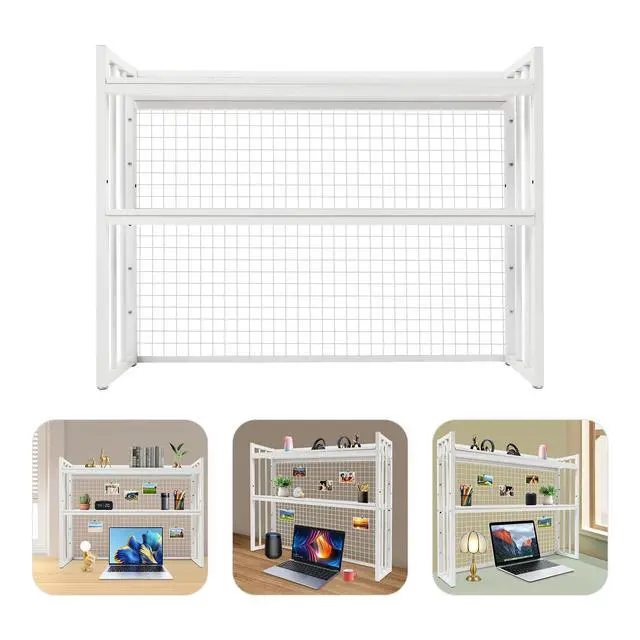 Alt view image 5 of 7 - Wood Desk Hutch Bookshelf with Metal Grid, Desktop Bookcase with Adjustable Height Tabletop Shelf Organizer Rack with Large Capacity White for Study Room Dormitory