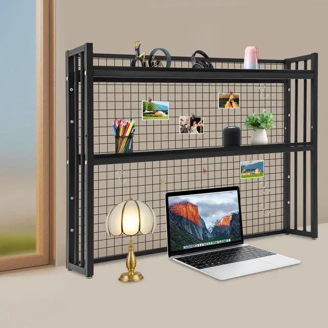 Alt view image 3 of 7 - Desk Hutch Bookshelf with Adjustable Height, Desktop Book Shelf with Metal Grid Tabletop Display Shelf Organizer with Large Capacity Black for Home Dormitory