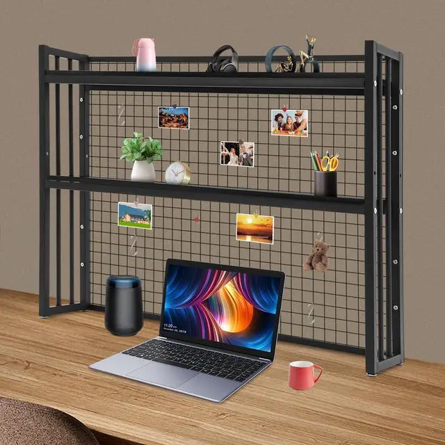 Alt view image 4 of 7 - Desk Hutch Bookshelf with Adjustable Height, Desktop Book Shelf with Metal Grid Tabletop Display Shelf Organizer with Large Capacity Black for Home Dormitory