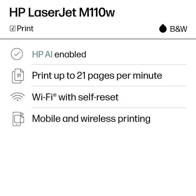 Alt view image 2 of 7 - LaserJet M110w Wireless Black & White Printer, Print, Fast speeds, Easy Setup, Mobile Printing, Best-for-Small Teams