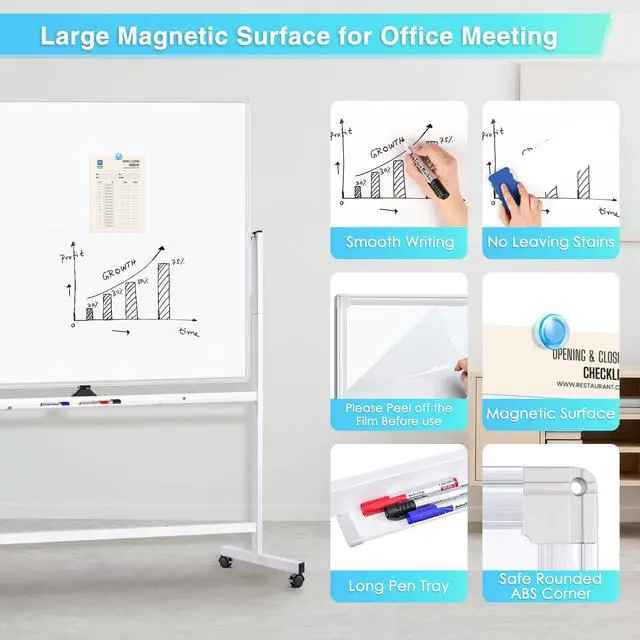 Alt view image 5 of 7 - Rolling Whiteboard 72x48, Large Double-Sided White Board Dry Erase on Wheels, Giant Magnetic White Board Standing for Office, School, Home Office, Homeschool (Sliver)