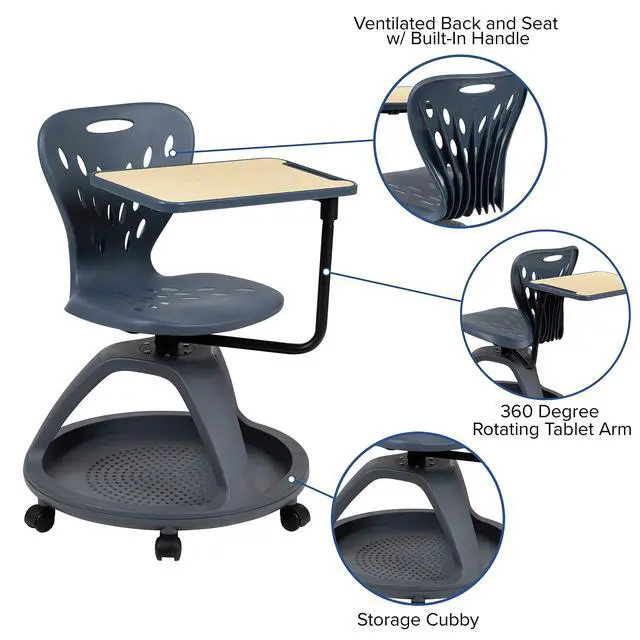 Alt view image 4 of 7 - Dark Gray Mobile Desk Chair - 360° Tablet Rotation and Storage Cubby
