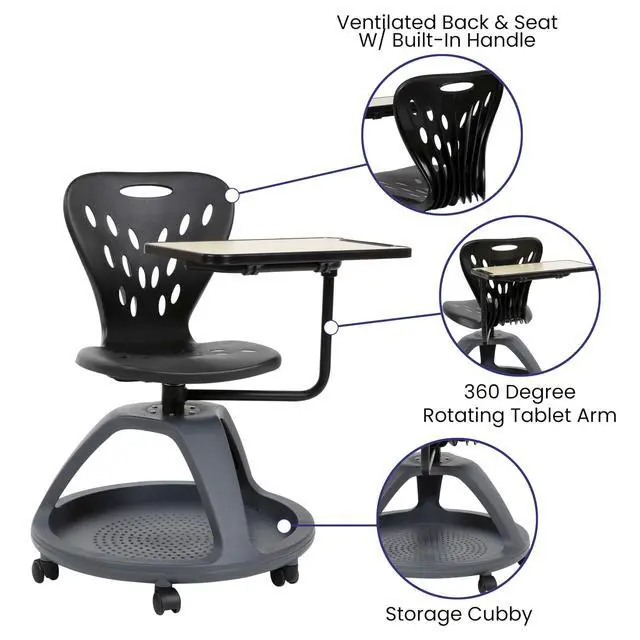 Alt view image 4 of 7 - Black Mobile Desk Chair - 360° Tablet Rotation and Storage Cubby