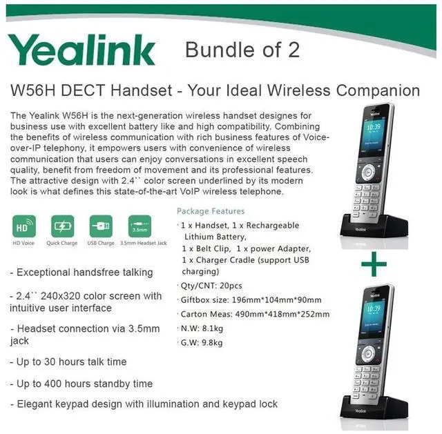 Main image of W56H Bundle of 2 IP DECT VoIP Phone Handset, HD Voice, Quick Charge