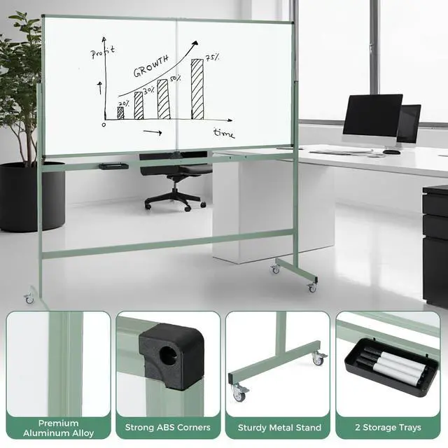 Alt view image 2 of 7 - Double-Sided Mobile Whiteboard on Wheels, 72" x 36" Large Dry Erase Board with Stand & Aluminum Alloy Frame, Rolling Magnetic Standing Whiteboard for Office & Classroom (Green)