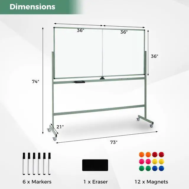Alt view image 7 of 7 - Double-Sided Mobile Whiteboard on Wheels, 72" x 36" Large Dry Erase Board with Stand & Aluminum Alloy Frame, Rolling Magnetic Standing Whiteboard for Office & Classroom (Green)