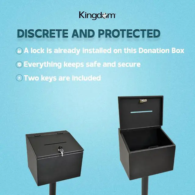 Alt view image 4 of 7 - Floor Standing Box With Lock and Key. Donation Box for Church, Suggestion Box for Church, Home, Office. Tip Box, Metal Collection Box. Keys Make It Safe and Secure, Black, Non-personalized
