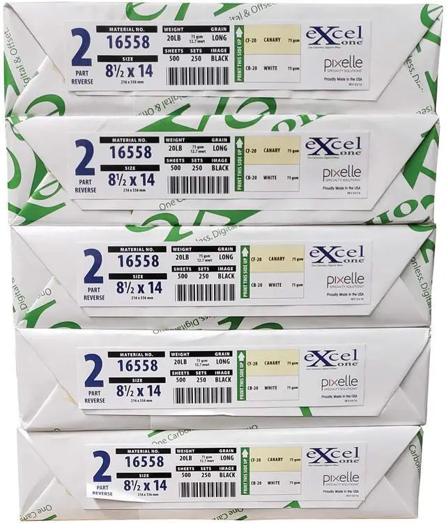 Main image of 8.5 x 14 Excel One Carbonless Paper, 2 Part Reverse (Canary/Bright White), 1250 Sets, 2500 Sheets, 5 Reams
