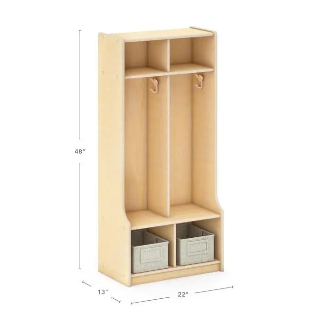 Alt view image 2 of 7 - EdQ 2-Section Wooden Storage Locker with Bench Seat for Classroom, Kids Cubby Organizer with Shelves and Hooks for Coats, Divided Playroom Storage with Bins