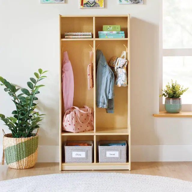 Alt view image 4 of 7 - EdQ 2-Section Wooden Storage Locker with Bench Seat for Classroom, Kids Cubby Organizer with Shelves and Hooks for Coats, Divided Playroom Storage with Bins
