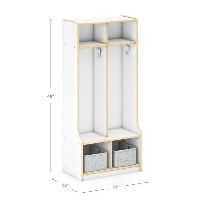 Alt view image 2 of 7 - EdQ 2-Section Wooden Storage Locker with Bench Seat for Classroom, Kids White Cubby Organizer with Shelves and Hooks for Coats, Divided Playroom Storage with Bins