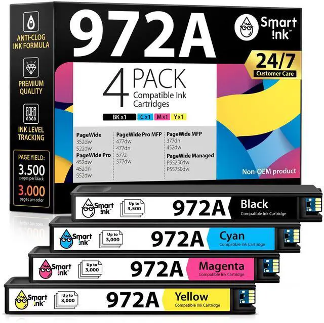 Main image of Compatible Ink Cartridges Replacement for HP 972A 972 A (4 Pack Combo) to use with PageWide Pro 477dw 577dw 452dw 477dn 452dn 577z 552dw 377dw P55250dw Printers (Black & Cyan Magenta Yellow)