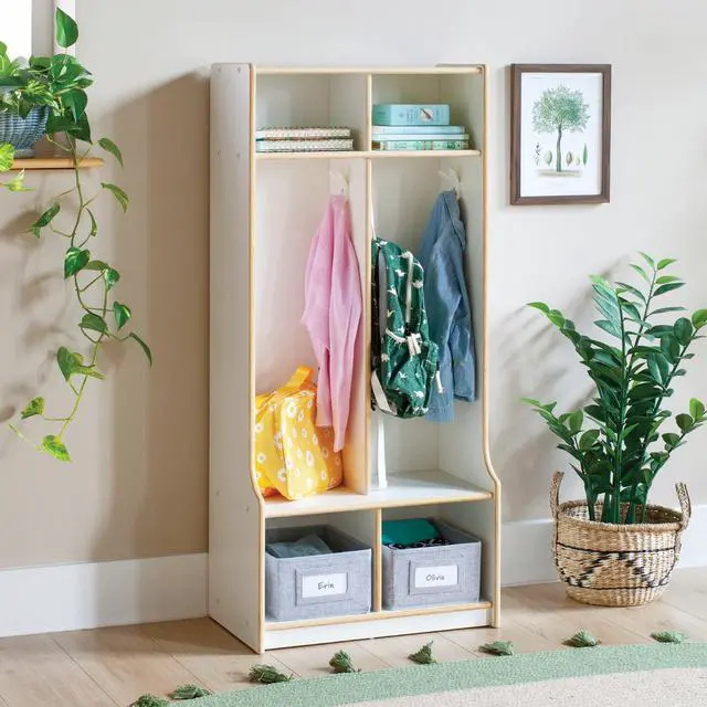 Main image of EdQ 2-Section Wooden Storage Locker with Bench Seat for Classroom, Kids White Cubby Organizer with Shelves and Hooks for Coats, Divided Playroom Storage with Bins