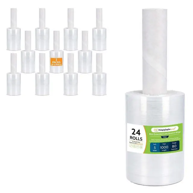 Alt view image 2 of 7 - PSBM Mini Extended Core Platic Stretch Film Wrap 5" x 1000' 80 GA 24 Rolls | Heavy Duty up to 500% Ultimate Stretch Clear Plastic Wrap Industrial Strength Shrink Film for Moving, Packing & Shipping