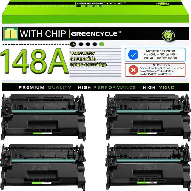 Main image of Compatible 148A Black Toner Cartridge for HP Laser Jet 4001n 4101fdw | 4-pack W1480A with chip, black toner. Works with HP Laser Jet Pro 4001dn, 4001dw, MFP 4101fdn. High page yield