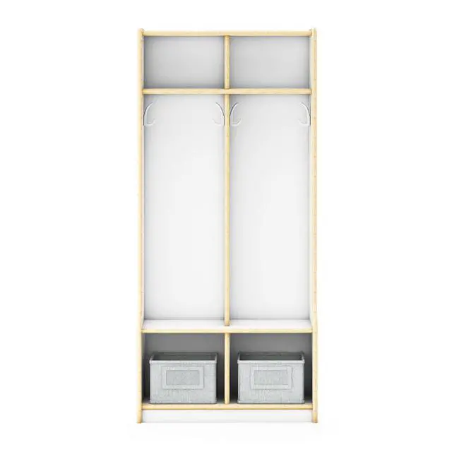 Alt view image 6 of 7 - EdQ 2-Section Wooden Storage Locker with Bench Seat for Classroom, Kids White Cubby Organizer with Shelves and Hooks for Coats, Divided Playroom Storage with Bins