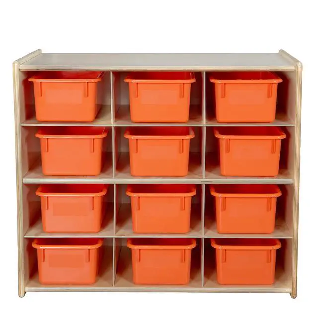 Alt view image 4 of 6 - 12 Compartment Kids Cube Locker Shelf with Orange Bins, Hardwood Montessori Shelves Organizers for Daycare, Nursery, Offices, Backpack Shelving Unit