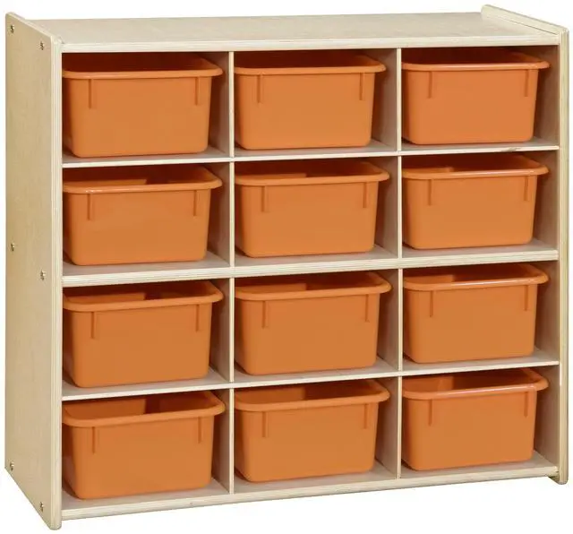 Main image of 12 Compartment Kids Cube Locker Shelf with Orange Bins, Hardwood Montessori Shelves Organizers for Daycare, Nursery, Offices, Backpack Shelving Unit