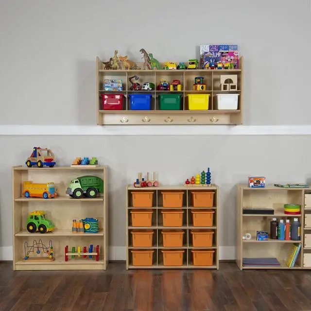 Alt view image 2 of 6 - 12 Compartment Kids Cube Locker Shelf with Orange Bins, Hardwood Montessori Shelves Organizers for Daycare, Nursery, Offices, Backpack Shelving Unit