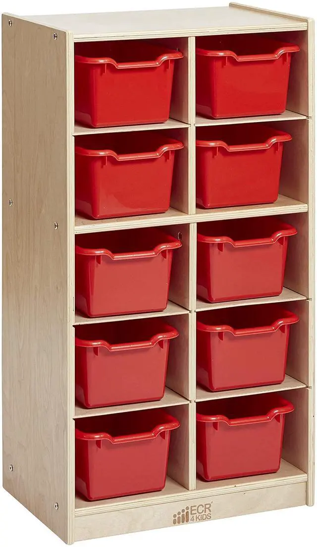 Main image of 10 Cubby Mobile Tray Cabinet and 10 Scoop Front Bins, 5x2, Kids Furniture, Red