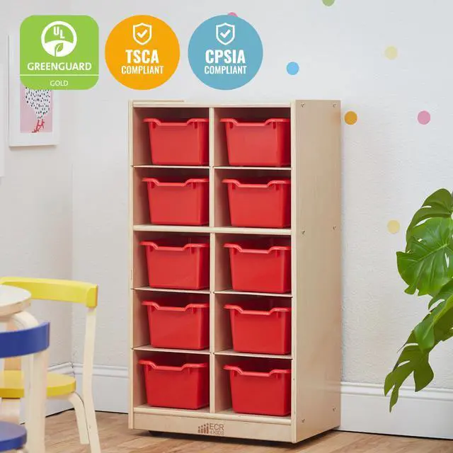 Alt view image 5 of 7 - 10 Cubby Mobile Tray Cabinet and 10 Scoop Front Bins, 5x2, Kids Furniture, Red