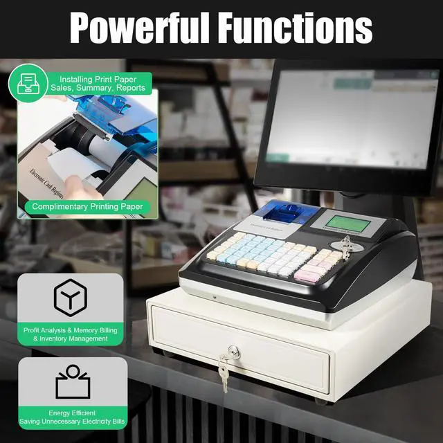 Alt view image 3 of 7 - Electronic Cash Register, 48 Keys 35W Cash Register for Small Businesses with with 2.4in/s Printing Speed Cash Management System for Restaurant Supermarket Retail 8-Digits LED Display Black