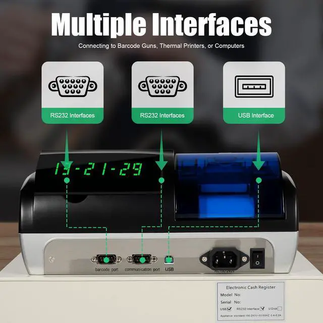 Alt view image 2 of 7 - Electronic Cash Register, 48 Keys 35W Cash Register for Small Businesses with with 2.4in/s Printing Speed Cash Management System for Restaurant Supermarket Retail 8-Digits LED Display Black