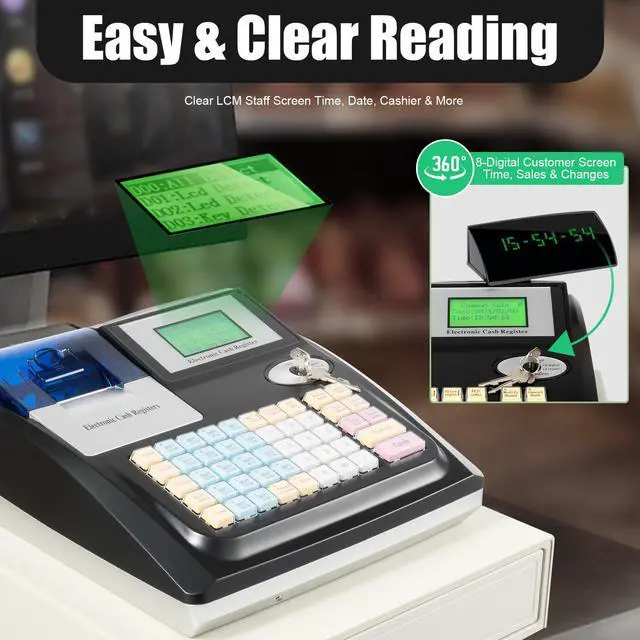 Alt view image 7 of 7 - Electronic Cash Register, 48 Keys 35W Cash Register for Small Businesses with with 2.4in/s Printing Speed Cash Management System for Restaurant Supermarket Retail 8-Digits LED Display Black