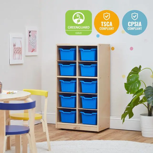 Alt view image 7 of 7 - 10 Cubby Mobile Tray Cabinet and 10 Scoop Front Bins, 5x2, Kids Furniture, Blue