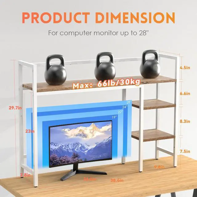 Alt view image 2 of 7 - Desktop Shelf, 4 Tier Wood Desk Hutch for Computer Monitor up to 28'' Multipurpose Countertop Desk Organizer Shelf, 38.6''Desktop Bookshelf Storage Rack for Home Office Dorm, White