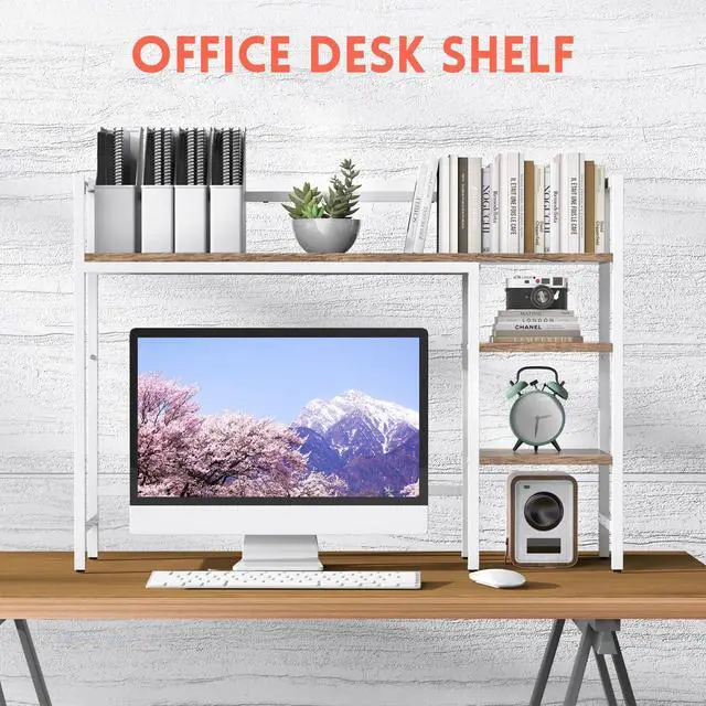 Alt view image 7 of 7 - Desktop Shelf, 4 Tier Wood Desk Hutch for Computer Monitor up to 28'' Multipurpose Countertop Desk Organizer Shelf, 38.6''Desktop Bookshelf Storage Rack for Home Office Dorm, White