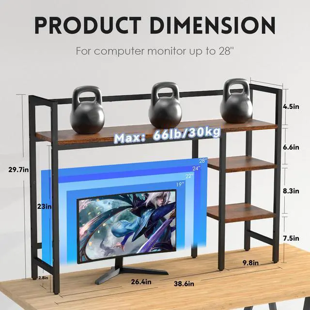 Alt view image 2 of 7 - Desktop Shelf, 4 Tier Wood Desk Hutch for Computer Monitor up to 28'' Multipurpose Countertop Desk Organizer Shelf, 38.6''Desktop Bookshelf Storage Rack for Home Office Dorm, Black