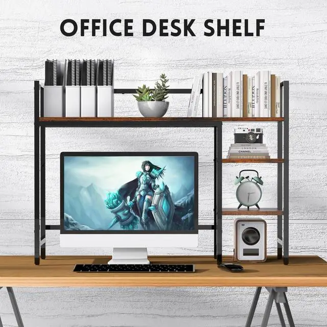 Alt view image 4 of 7 - Desktop Shelf, 4 Tier Wood Desk Hutch for Computer Monitor up to 28'' Multipurpose Countertop Desk Organizer Shelf, 38.6''Desktop Bookshelf Storage Rack for Home Office Dorm, Black