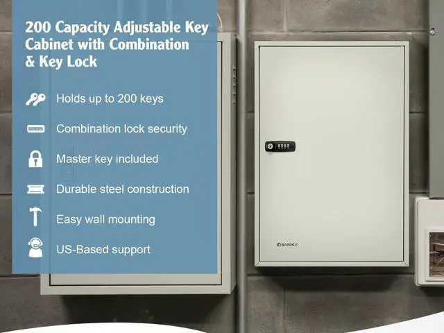 Alt view image 4 of 7 - 200-Position Key Cabinet Lock Box Combination Lock, Adjustable Numbered Hooks, Color-Coded Key Tags, Steel Construction Gray Finish