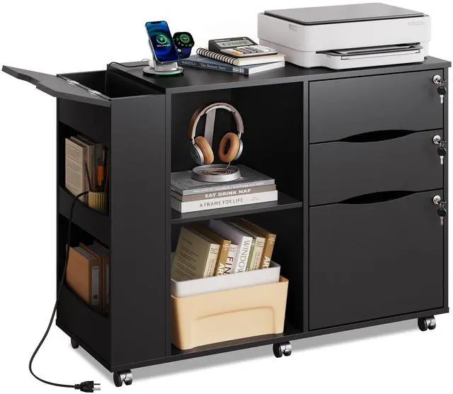 Main image of 3 Drawer Lateral Rolling File Cabinet with Lock (Black) | Wood, Charging Station, Open Storage Shelves, Letter & A4 Files, Printer Stand, Home Office