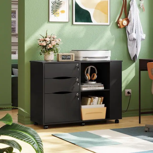 Alt view image 2 of 7 - 3 Drawer Lateral Rolling File Cabinet with Lock (Black) | Wood, Charging Station, Open Storage Shelves, Letter & A4 Files, Printer Stand, Home Office