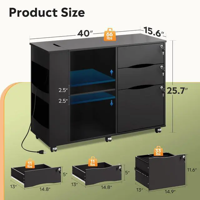 Alt view image 3 of 7 - 3 Drawer Lateral Rolling File Cabinet with Lock (Black) | Wood, Charging Station, Open Storage Shelves, Letter & A4 Files, Printer Stand, Home Office