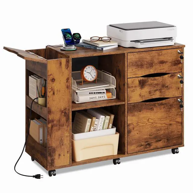 Main image of 3 Drawer Lateral Rolling File Cabinet with Lock (Rustic Brown) | Wood, Charging Station, Open Storage Shelves, Letter & A4 Files, Printer Stand, Home Office