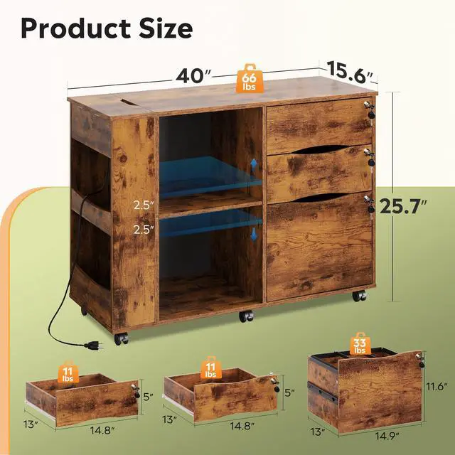Alt view image 3 of 7 - 3 Drawer Lateral Rolling File Cabinet with Lock (Rustic Brown) | Wood, Charging Station, Open Storage Shelves, Letter & A4 Files, Printer Stand, Home Office