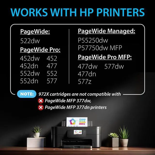 Alt view image 2 of 7 - Compatible Ink Cartridges Replacement for HP 972X 972 X (4 Pack Combo) to use with PageWide Pro 477dw 577dw 452dw 477dn 452dn 577z 552dw P55250dw Printers (Black & Cyan Magenta Yellow)