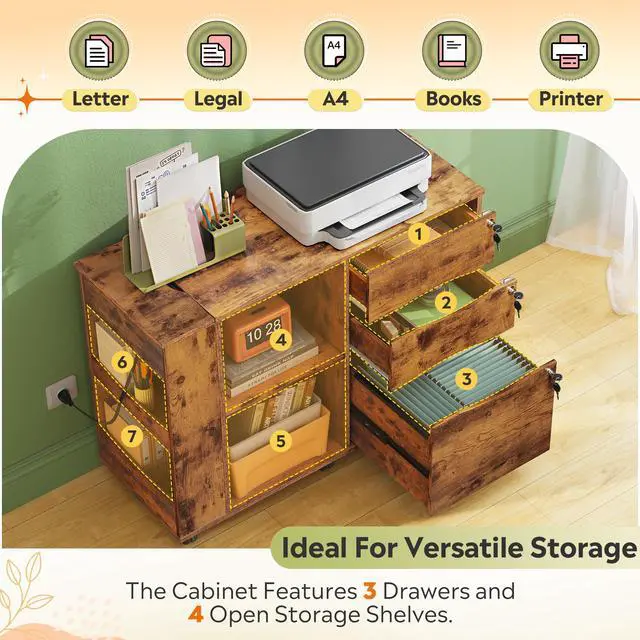 Alt view image 6 of 7 - 3 Drawer Lateral Rolling File Cabinet with Lock (Rustic Brown) | Wood, Charging Station, Open Storage Shelves, Letter & A4 Files, Printer Stand, Home Office