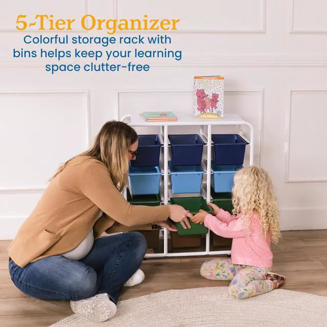 Alt view image 4 of 7 - 5-Tier Storage Rack with 15 Cubby Bins 5x3, Multipurpose Organization, Earthtone
