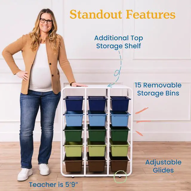Alt view image 6 of 7 - 5-Tier Storage Rack with 15 Cubby Bins 5x3, Multipurpose Organization, Earthtone