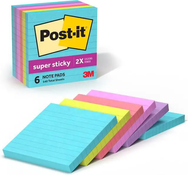 Main image of Super Sticky Notes,6 Lined Sticky Note Pads,4 x 4 in.,Ideal for Organization in Your Dorm,Home or Office,2X The Sticking Power,Supernova Neons Collection,(Pack of 12)