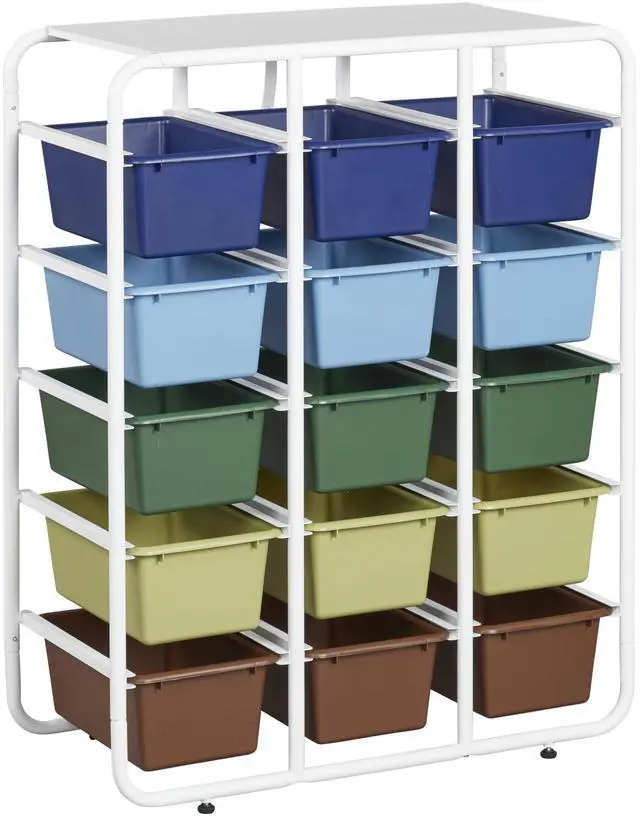Main image of 5-Tier Storage Rack with 15 Cubby Bins 5x3, Multipurpose Organization, Earthtone