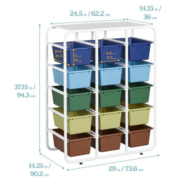 Alt view image 3 of 7 - 5-Tier Storage Rack with 15 Cubby Bins 5x3, Multipurpose Organization, Earthtone