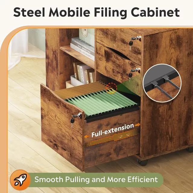 Alt view image 7 of 7 - 3 Drawer Lateral Rolling File Cabinet with Lock (Rustic Brown) | Wood, Charging Station, Open Storage Shelves, Letter & A4 Files, Printer Stand, Home Office
