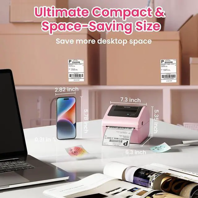 Alt view image 5 of 7 - Bluetooth Shipping Label Printer with 3 Roll Labels | D450BT Pink Thermal Label Printer 4x6 for Small Business, Thermal Printers Come with 750PCS 4x6 Labels (250 Labels/Roll)