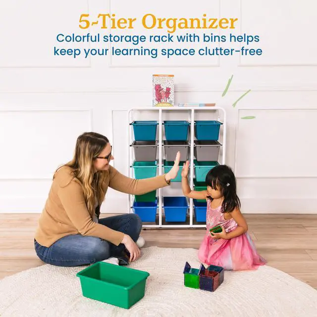 Alt view image 4 of 7 - 5-Tier Storage Rack with 15 Cubby Bins 5x3, Multipurpose Organization, Contemporary