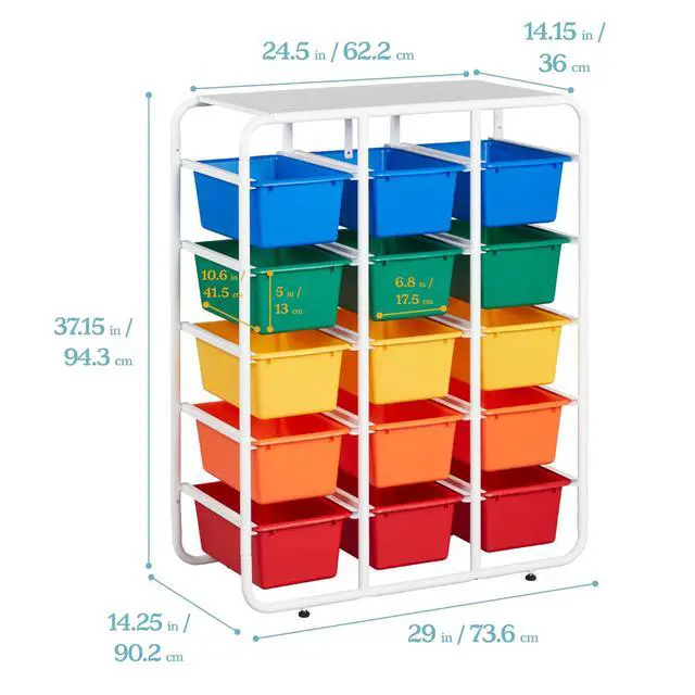 Alt view image 3 of 7 - 5-Tier Storage Rack with 15 Cubby Bins 5x3, Multipurpose Organization, Primary